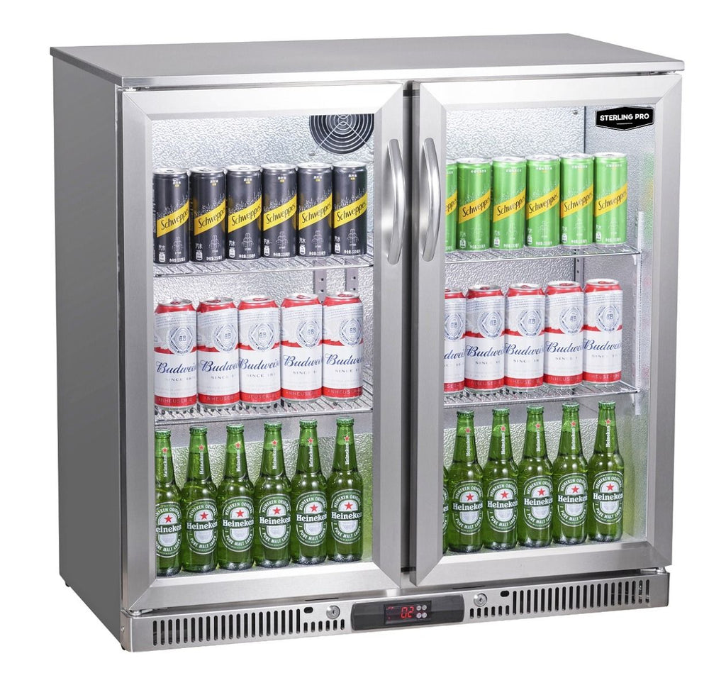 Sterling Pro Green Hinged Double Door Low Height Stainless Steel Outdoor Bottle Cooler 180 x 330ml Bottles | SP2LO-OUT-STS